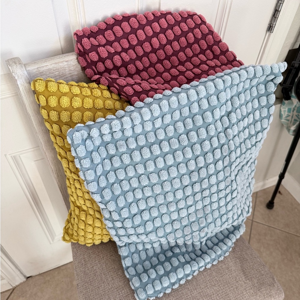 Plush Dot-Texture Square Pillow with three covers - Light Blue, Mustard, Rose
